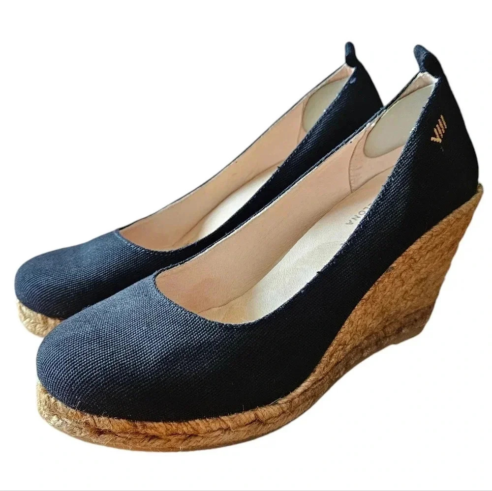 Viscata Barcelona Handmade Roses Espadrille Canvas Jute Wedges Black Size EU 40.